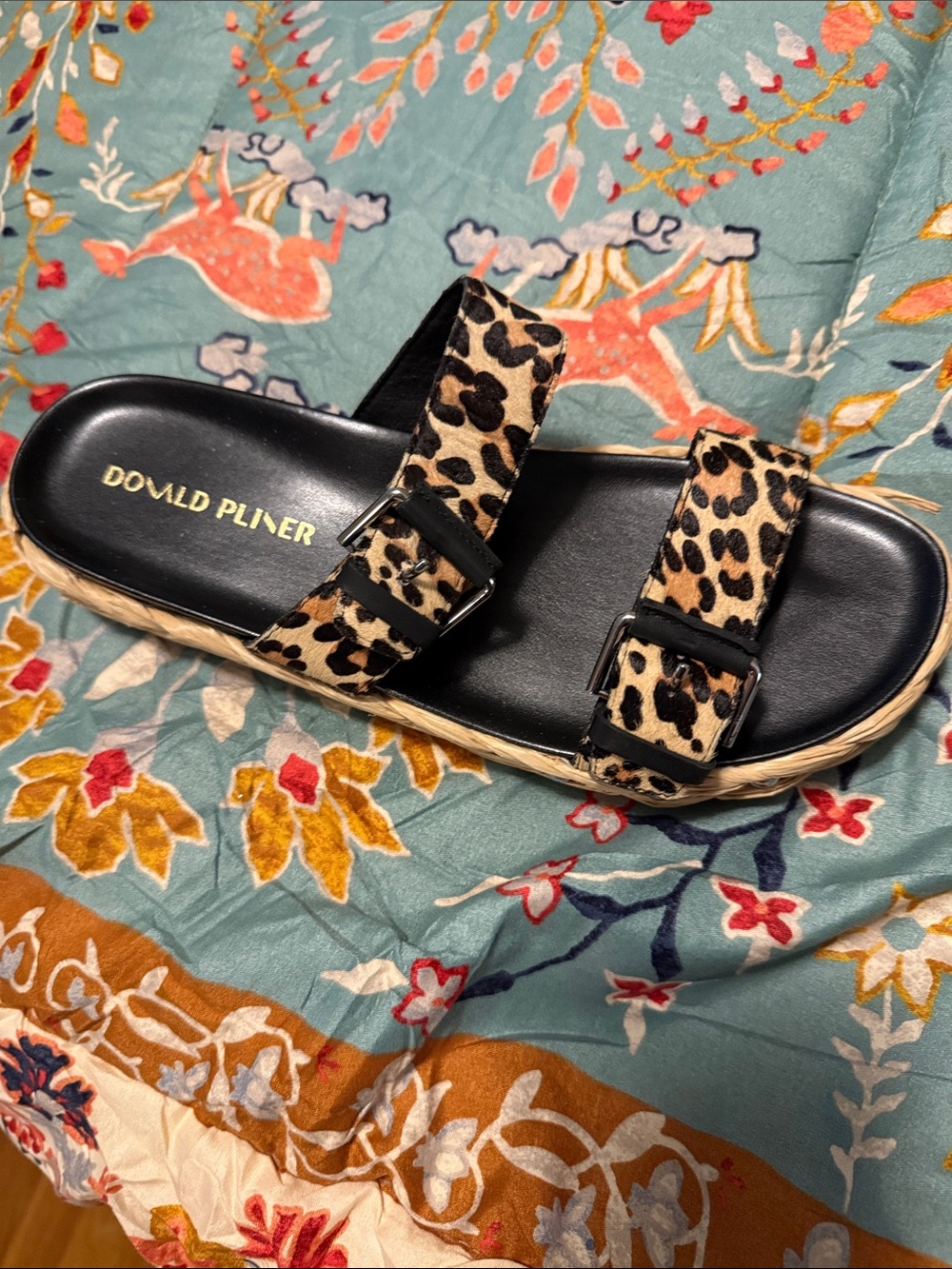 Donald J. Pliner Leopard Print Double Buckle Slide Sandal - Black & Tan